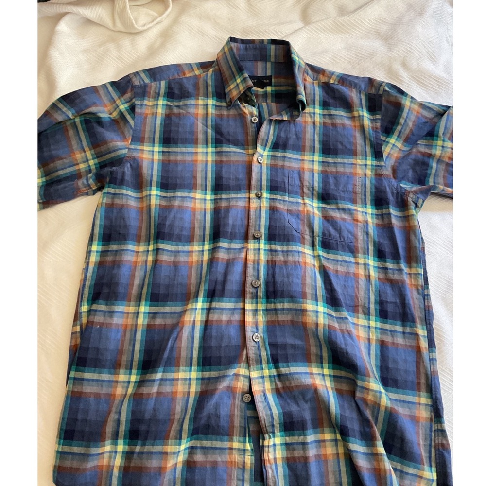 Scott Barber Mens Short Sleeve Button Down Shirt Plaid Multi-Color 100% Cotton L